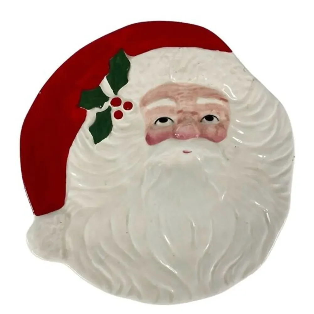Vintage Santa Face Cookie Plate Hand Painted Japan Christmas Dish 7.5 “ Holly